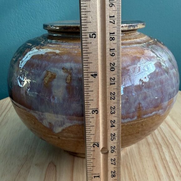Vintage Handcrafted Glazed Ceramic Jar With Lid Brown Purple Drip Unsigned - Picture 8 of 9